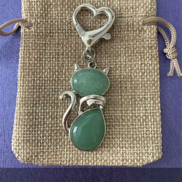 Green Aventurine Cat Keyring Charm Aventurine Cat Bag Charm Kitty Cat Charm - Picture 2 of 4